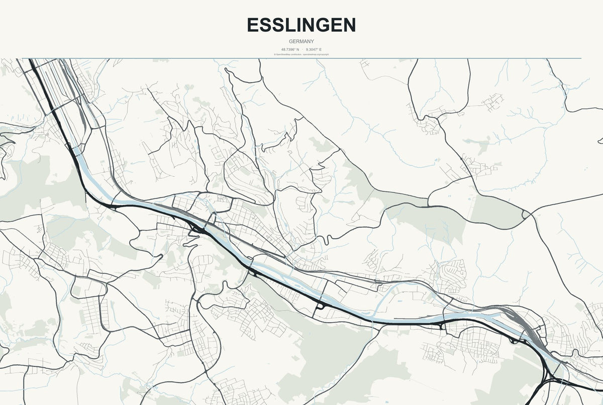 Esslingen, Germany City Map Aluminum Sign in Headline Atlas style