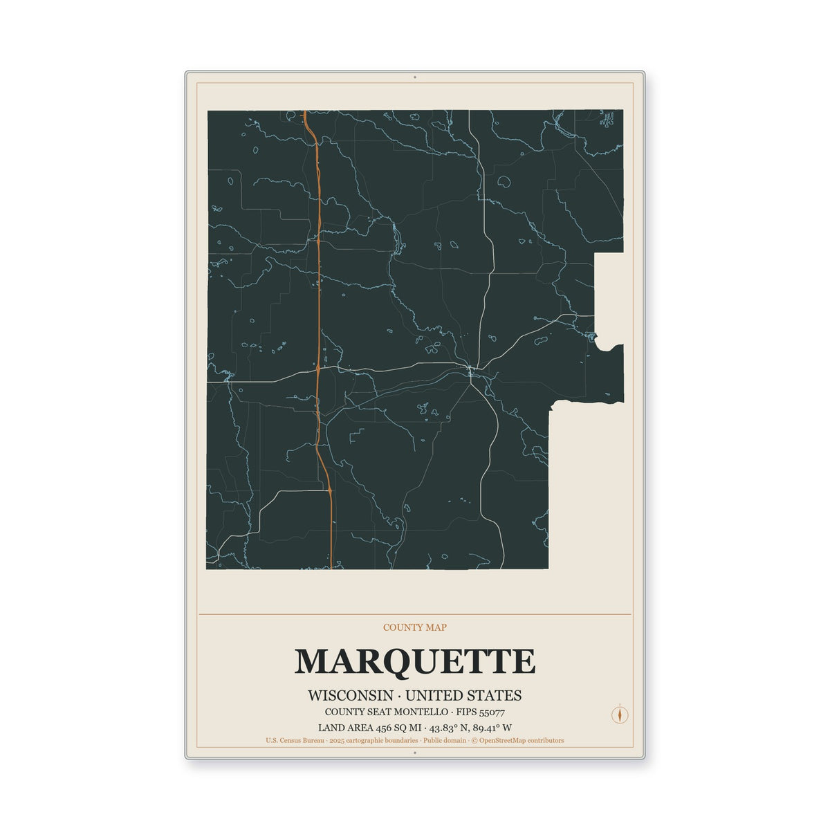 Marquette County, Wisconsin Map Aluminum Sign in Headline Atlas style