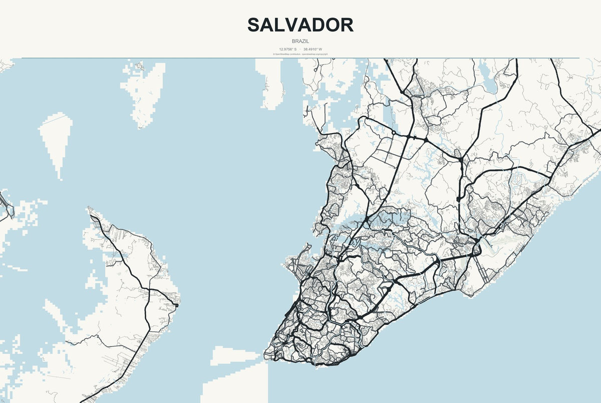 Salvador, Brazil City Map Aluminum Sign in Headline Atlas style
