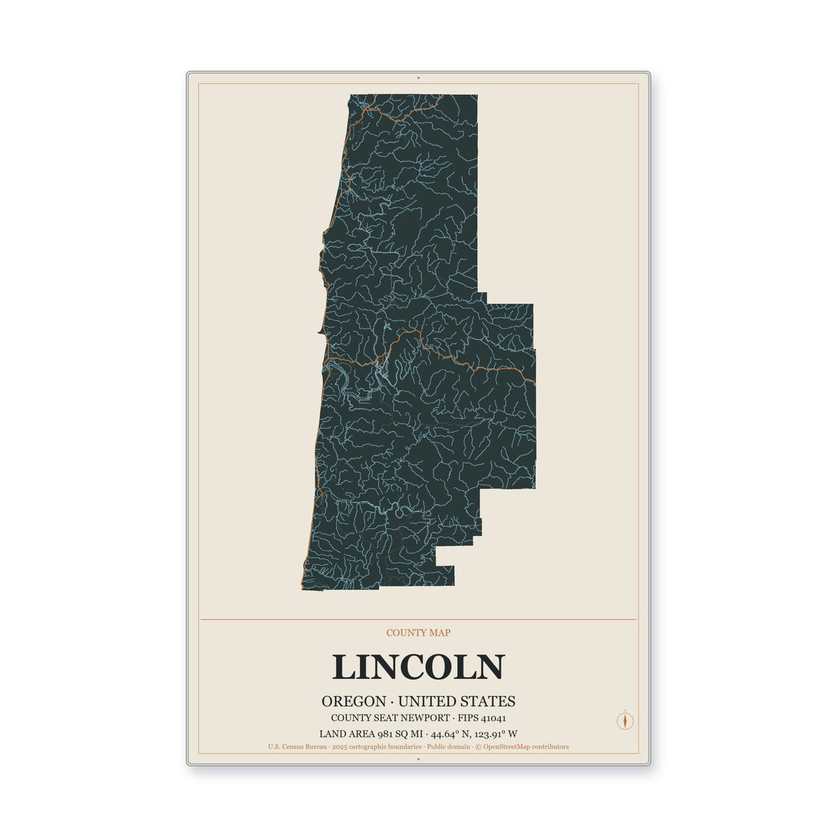 Lincoln County, Oregon Map Aluminum Sign in Headline Atlas style