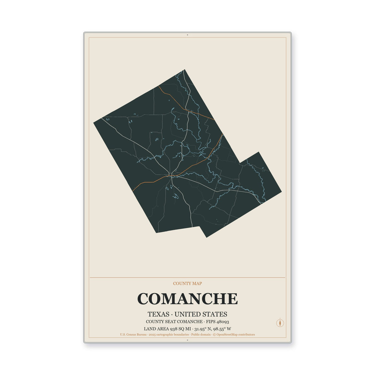 Comanche County, Texas Map Aluminum Sign in Headline Atlas style