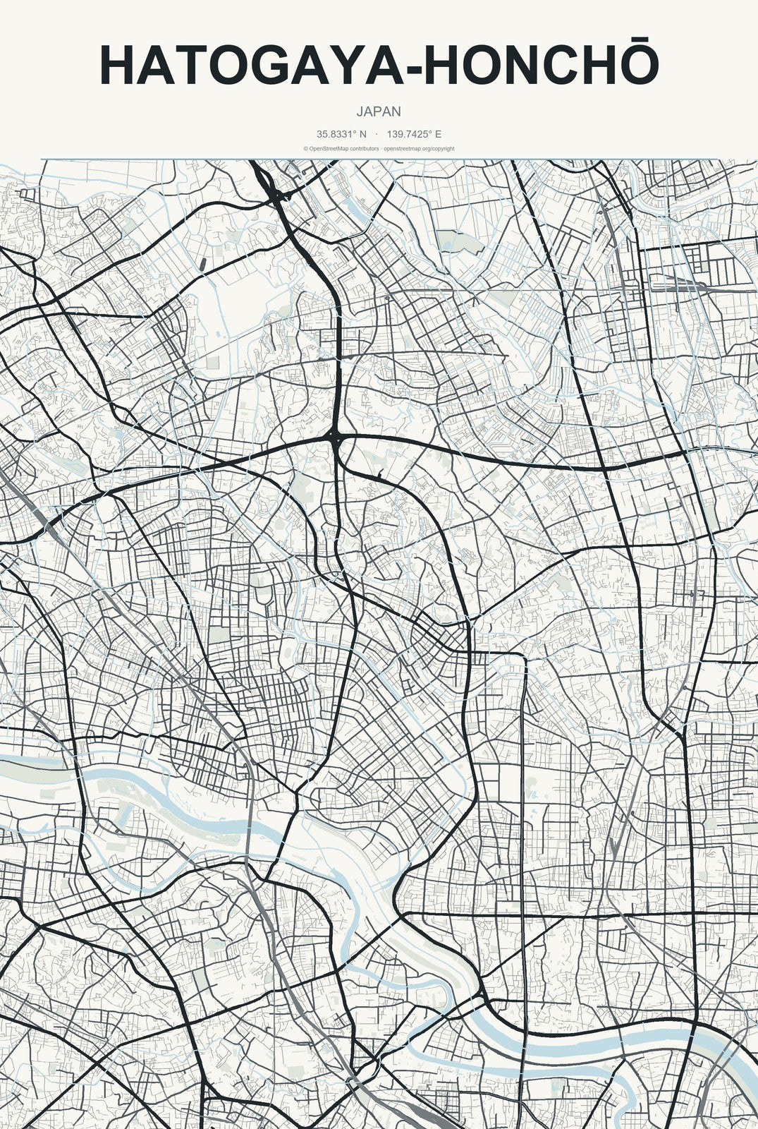 Hatogaya-honchō, Japan City Map Aluminum Sign in Headline Atlas style