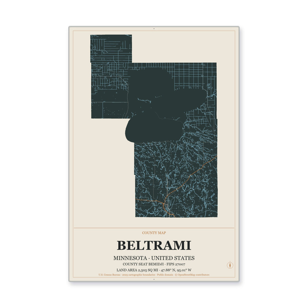 Beltrami County, Minnesota Map Aluminum Sign in Headline Atlas style