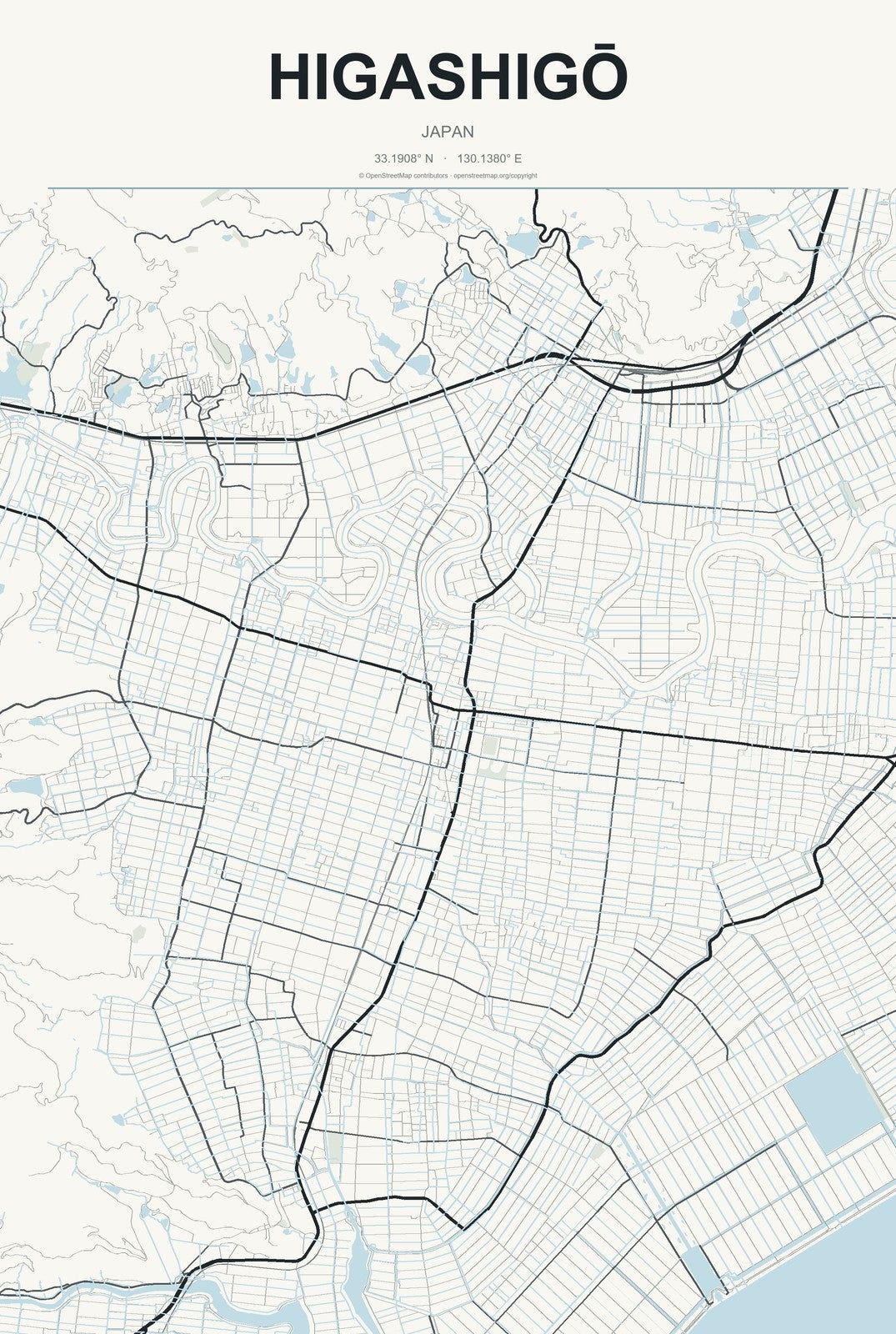 Higashigō, Japan City Map Aluminum Sign in Headline Atlas style