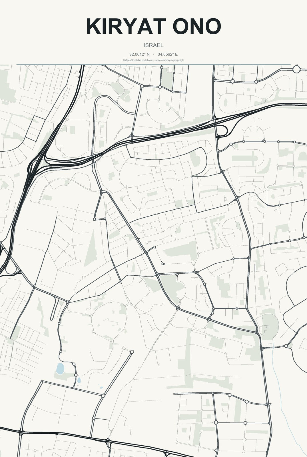 Kiryat Ono, Israel City Map Aluminum Sign in Headline Atlas style