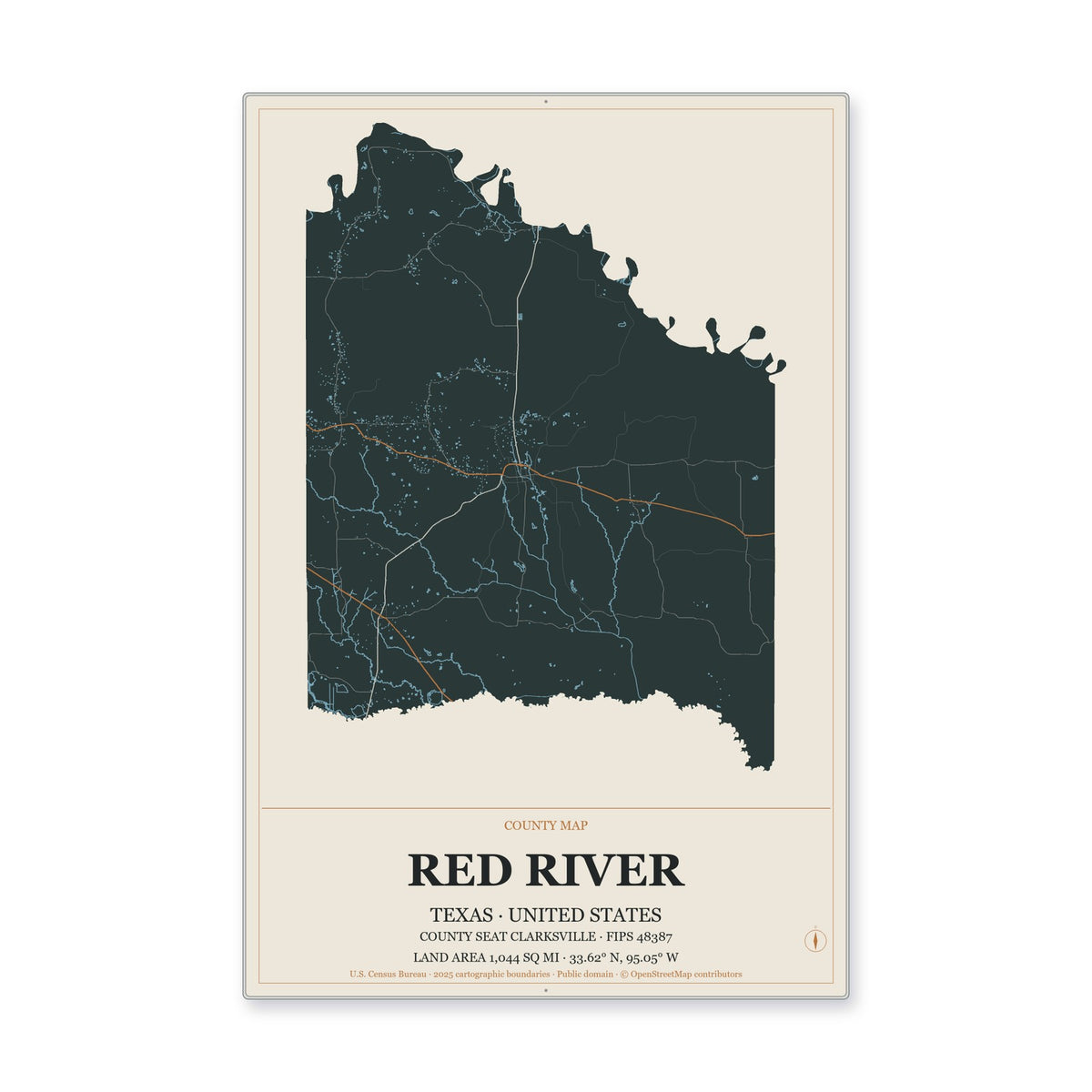 Red River County, Texas Map Aluminum Sign in Headline Atlas style