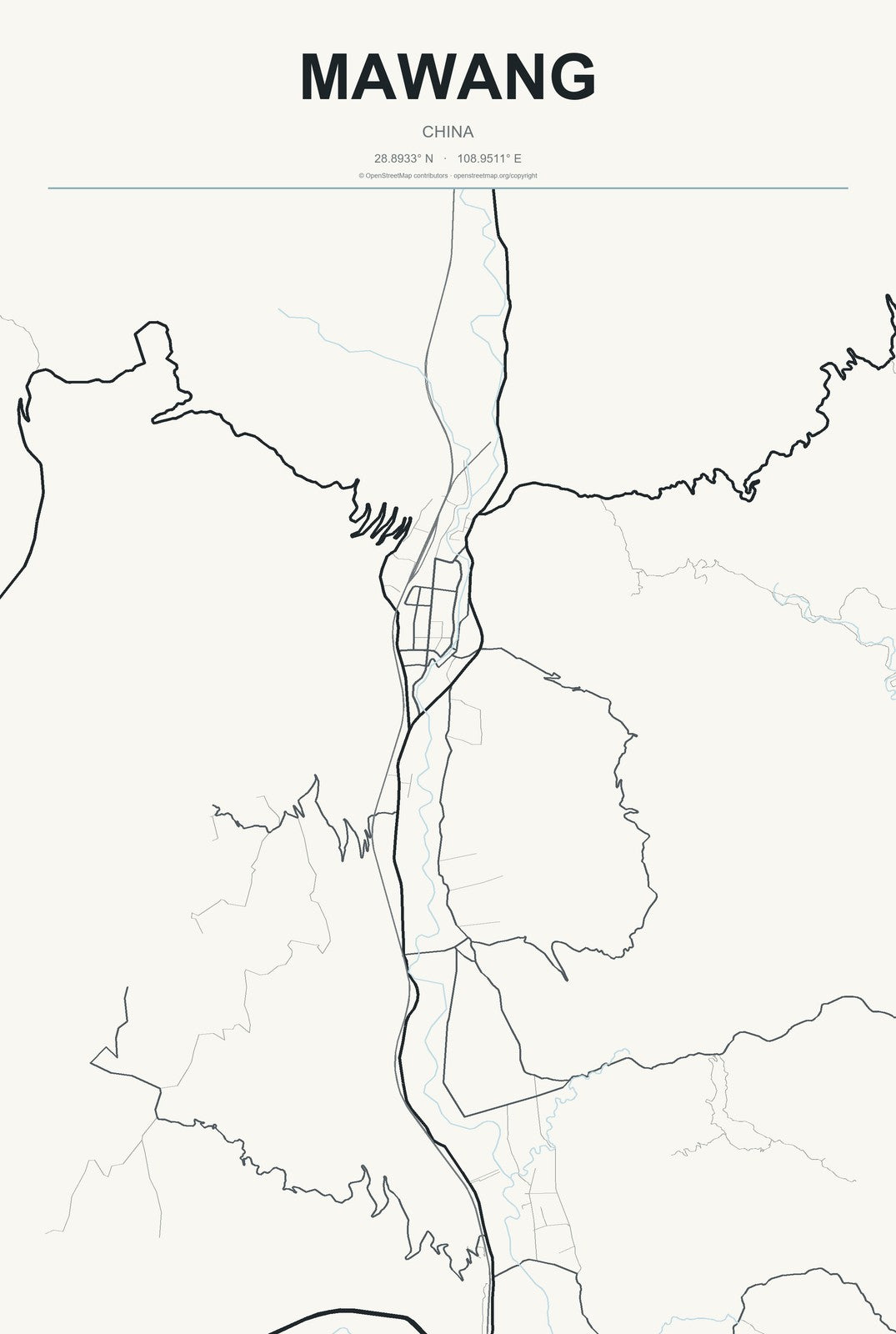 Mawang, China City Map Aluminum Sign in Headline Atlas style