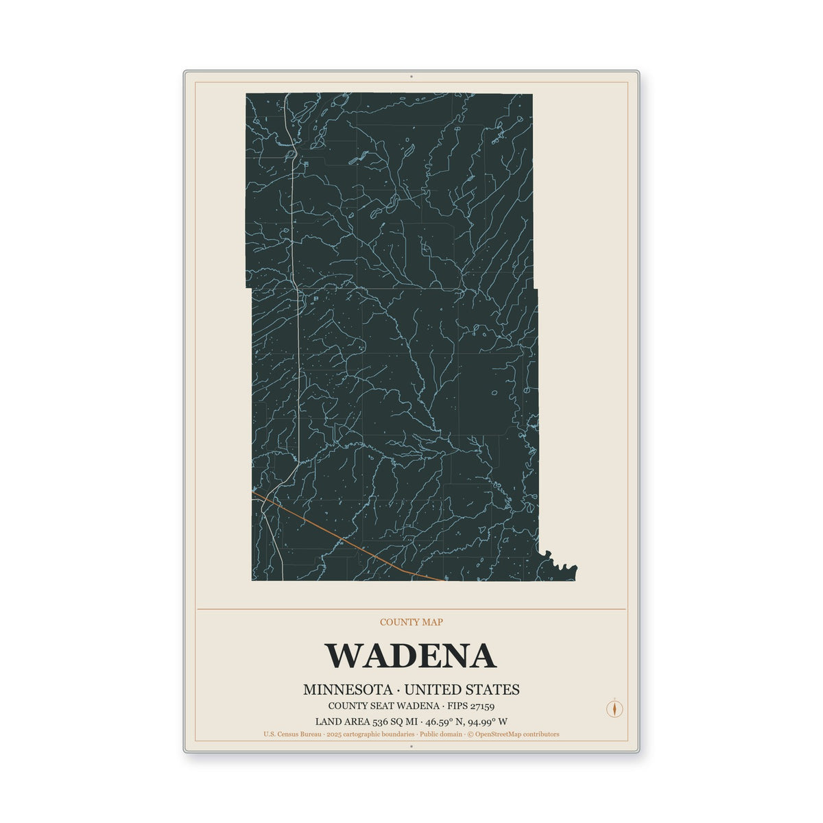 Wadena County, Minnesota Map Aluminum Sign in Headline Atlas style