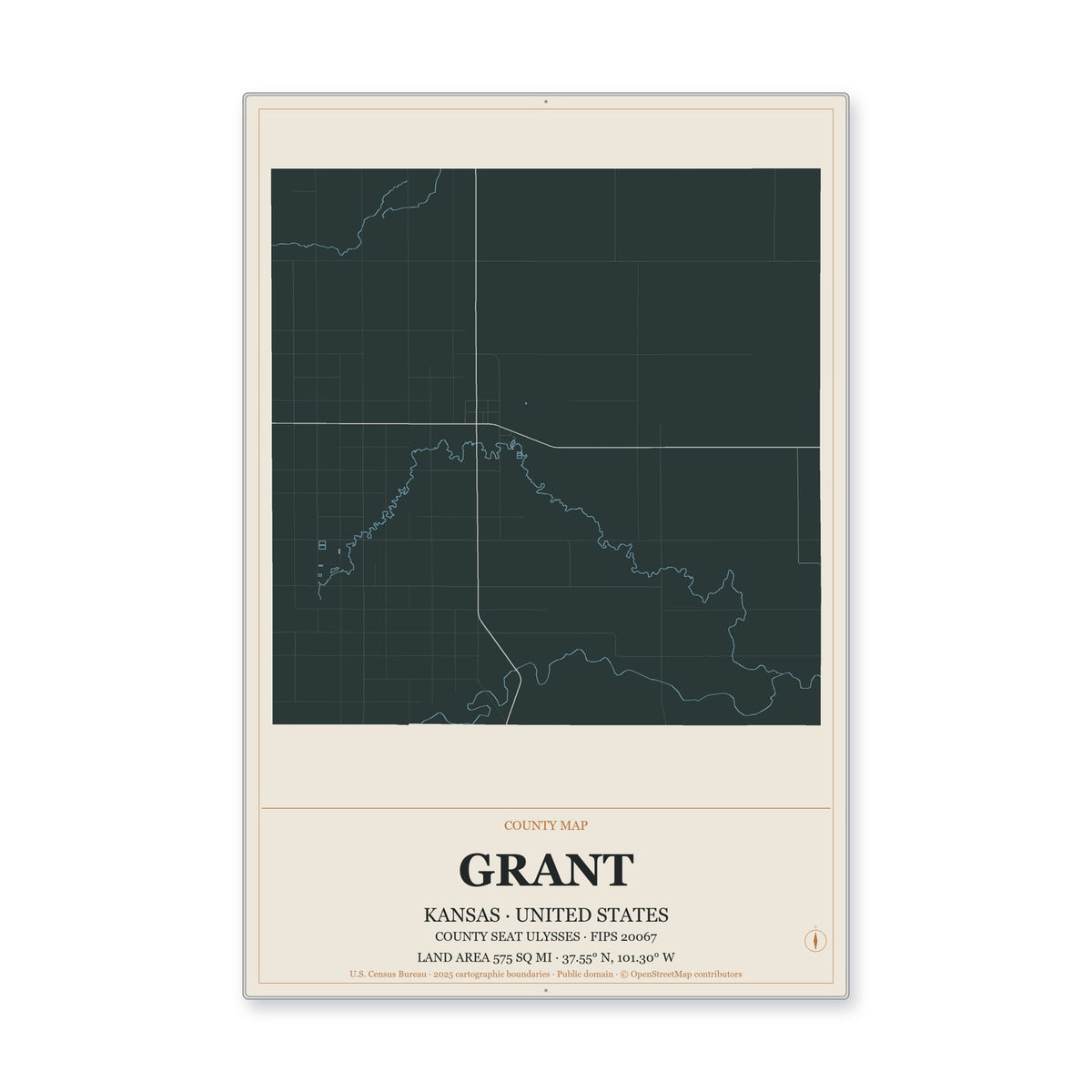 Grant County, Kansas Map Aluminum Sign in Headline Atlas style