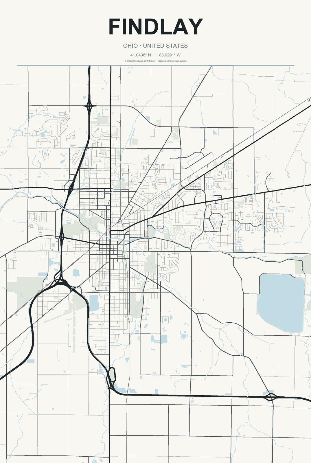 Findlay, Ohio City Map Aluminum Sign in Headline Atlas style
