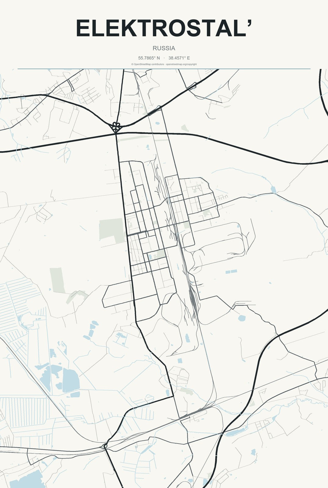 Elektrostal’, Russia City Map Aluminum Sign in Headline Atlas style