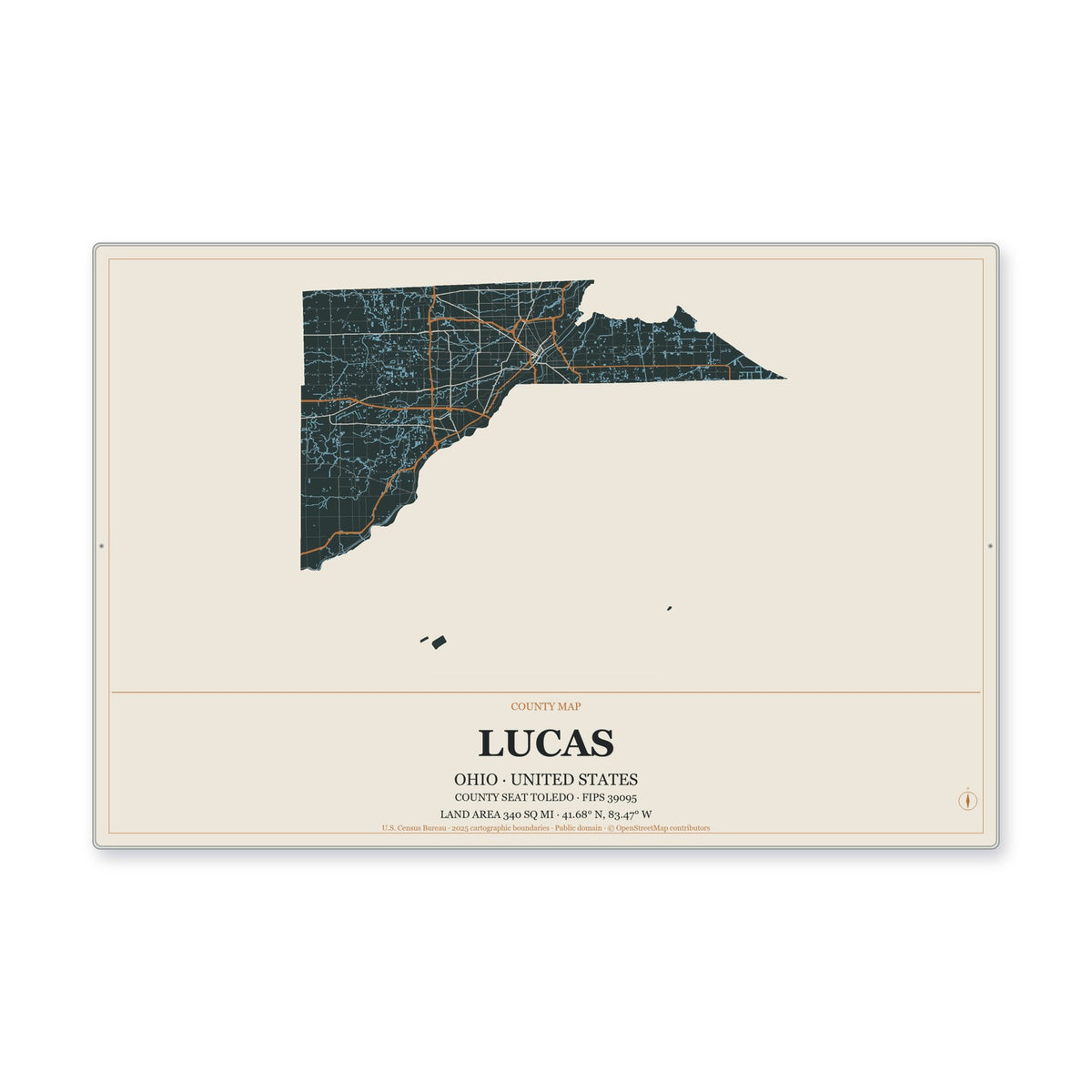 Lucas County, Ohio Map Aluminum Sign in Headline Atlas style