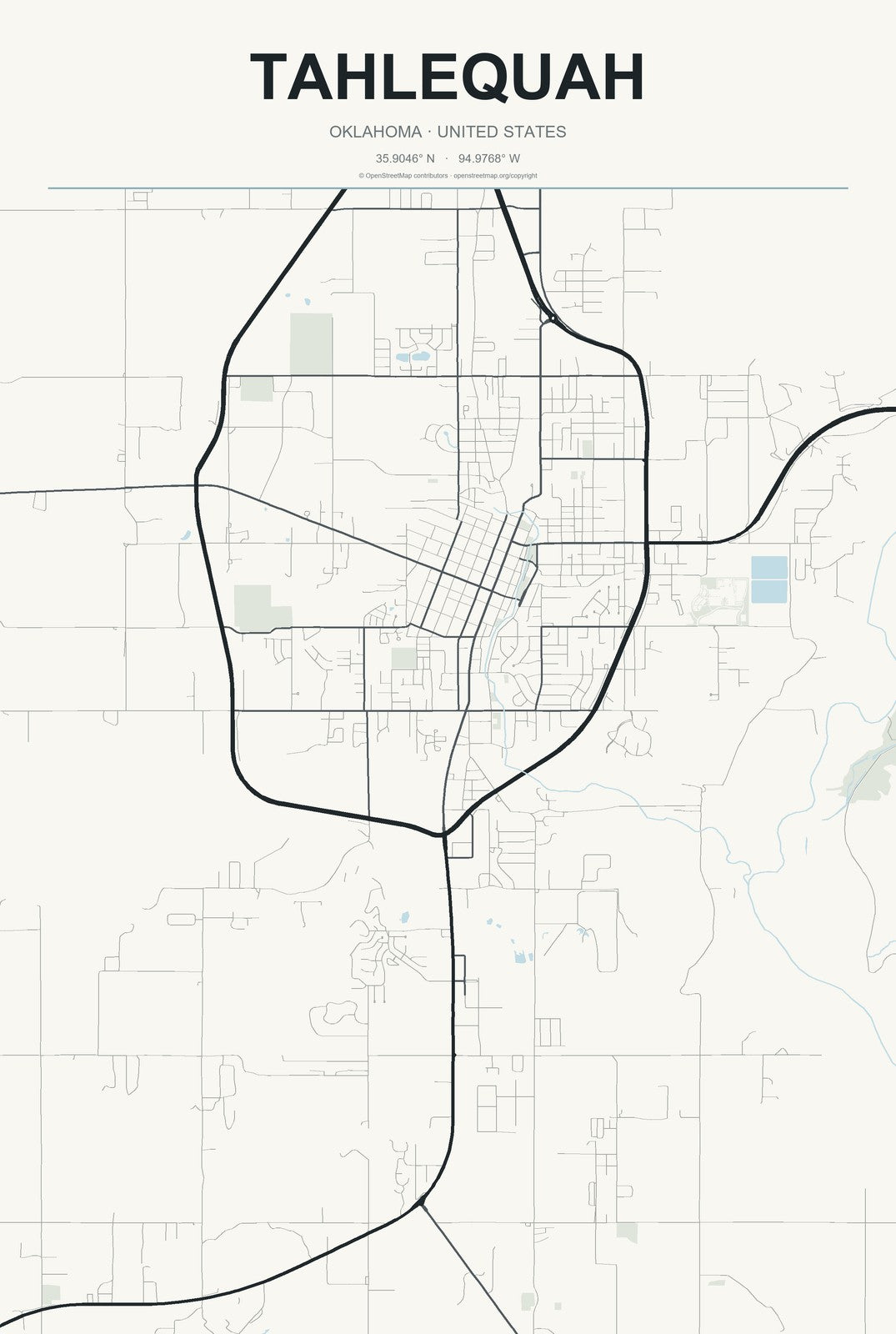 Tahlequah, Oklahoma City Map Aluminum Sign in Headline Atlas style