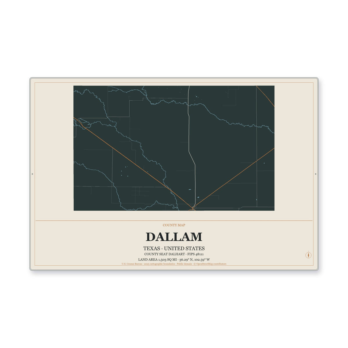 Dallam County, Texas Map Aluminum Sign in Headline Atlas style