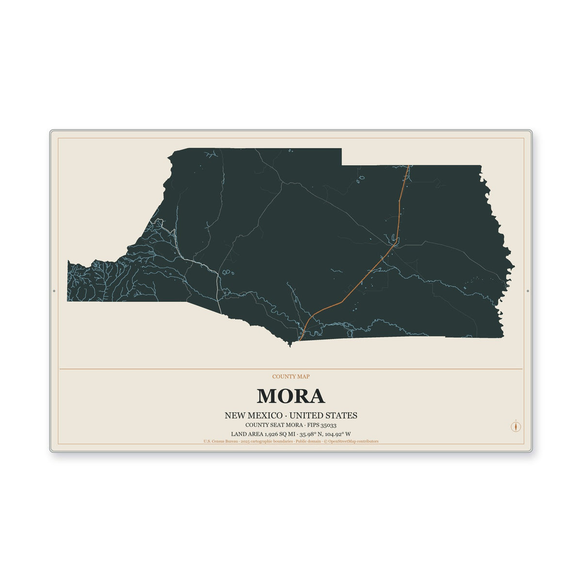 Mora County, New Mexico Map Aluminum Sign in Headline Atlas style