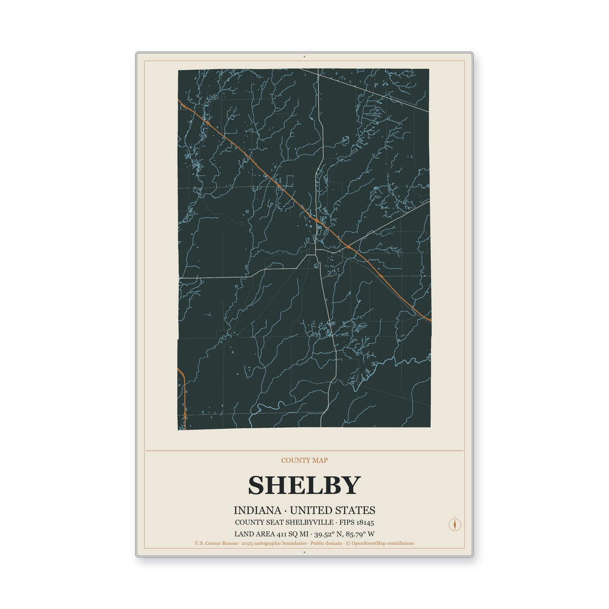 Shelby County, Indiana Map Aluminum Sign in Headline Atlas style