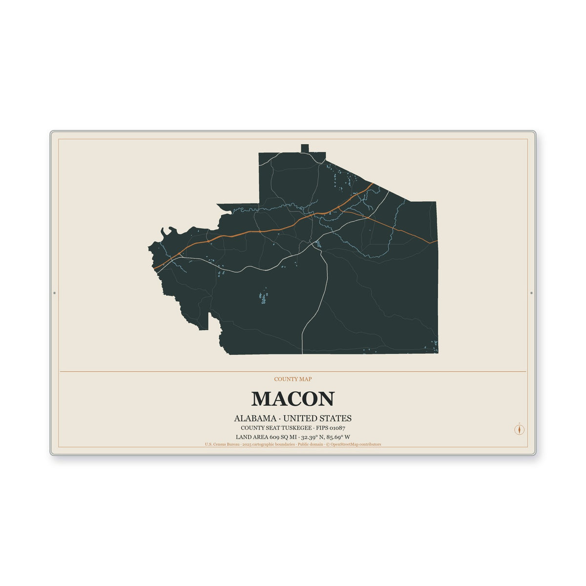 Macon County, Alabama Map Aluminum Sign in Headline Atlas style