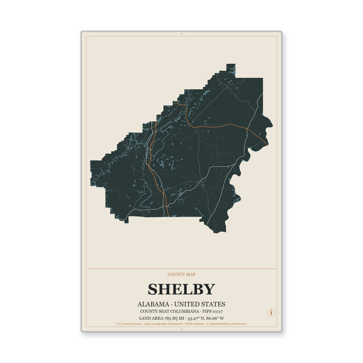 Shelby County, Alabama Map Aluminum Sign in Headline Atlas style