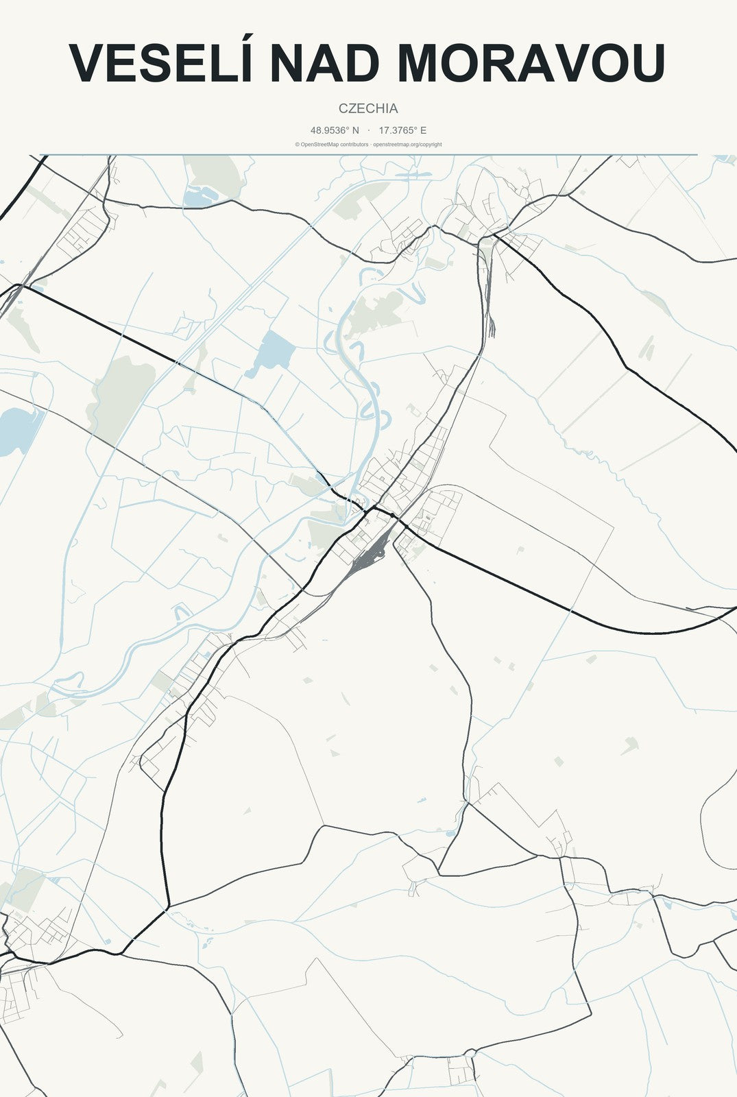 Veselí nad Moravou, Czechia City Map Aluminum Sign in Headline Atlas style