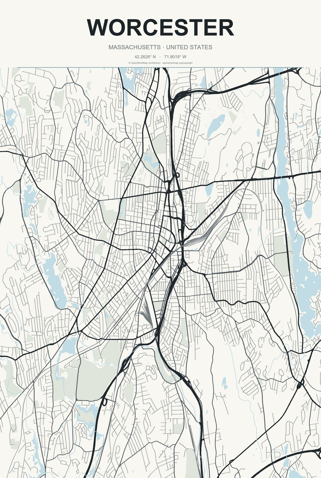 Worcester, Massachusetts City Map Aluminum Sign in Headline Atlas style