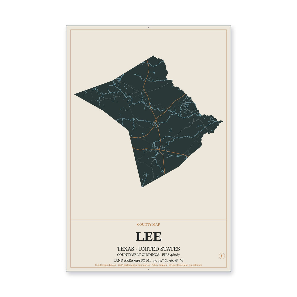 Lee County, Texas Map Aluminum Sign in Headline Atlas style