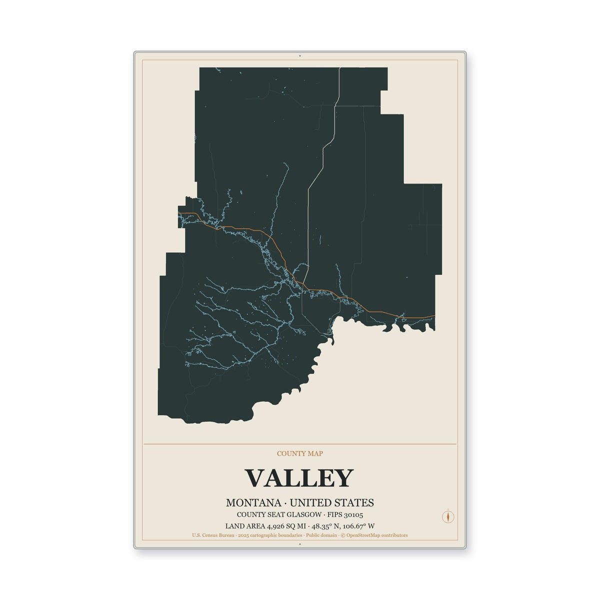 Valley County, Montana Map Aluminum Sign in Headline Atlas style