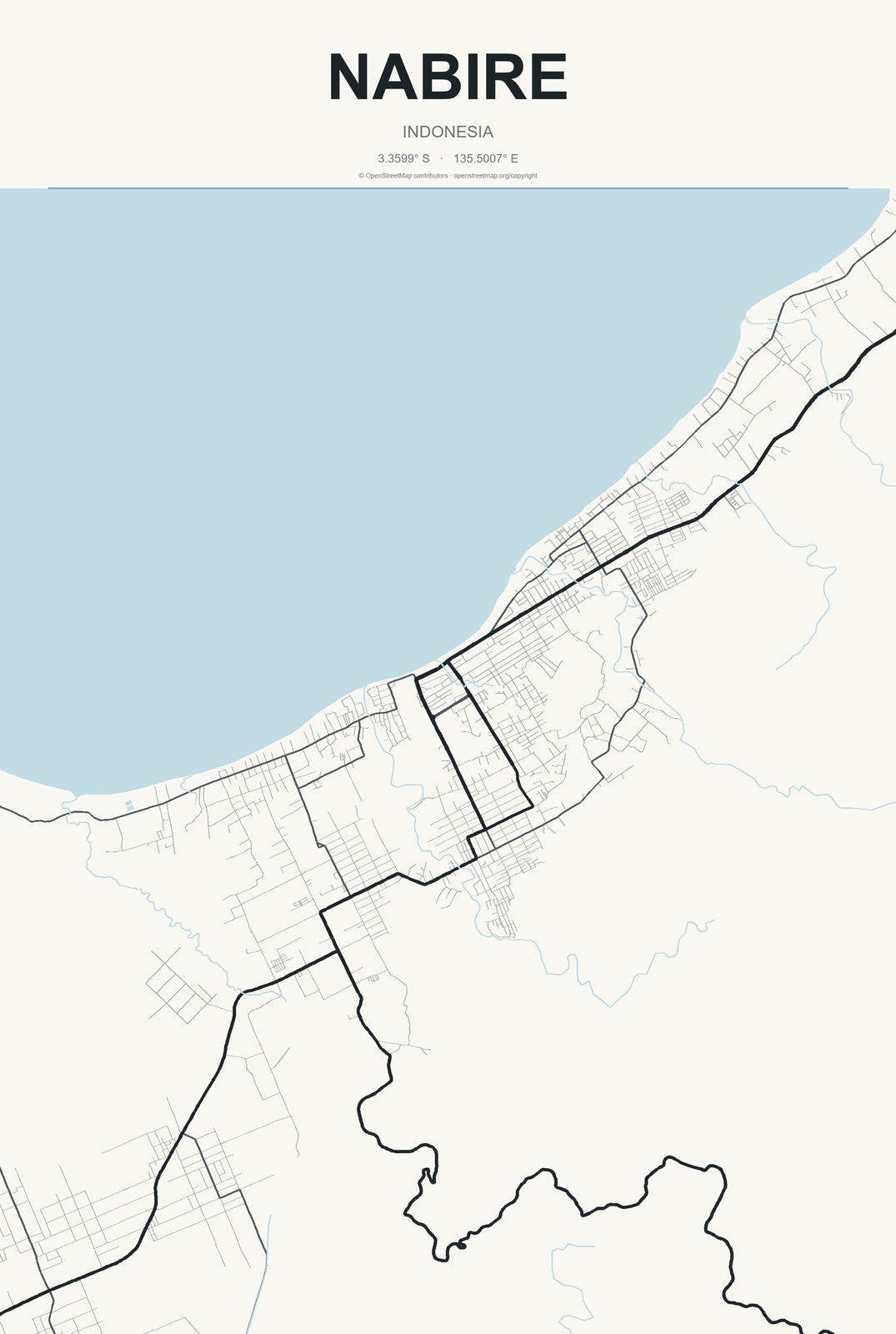 Nabire, Indonesia City Map Aluminum Sign in Headline Atlas style