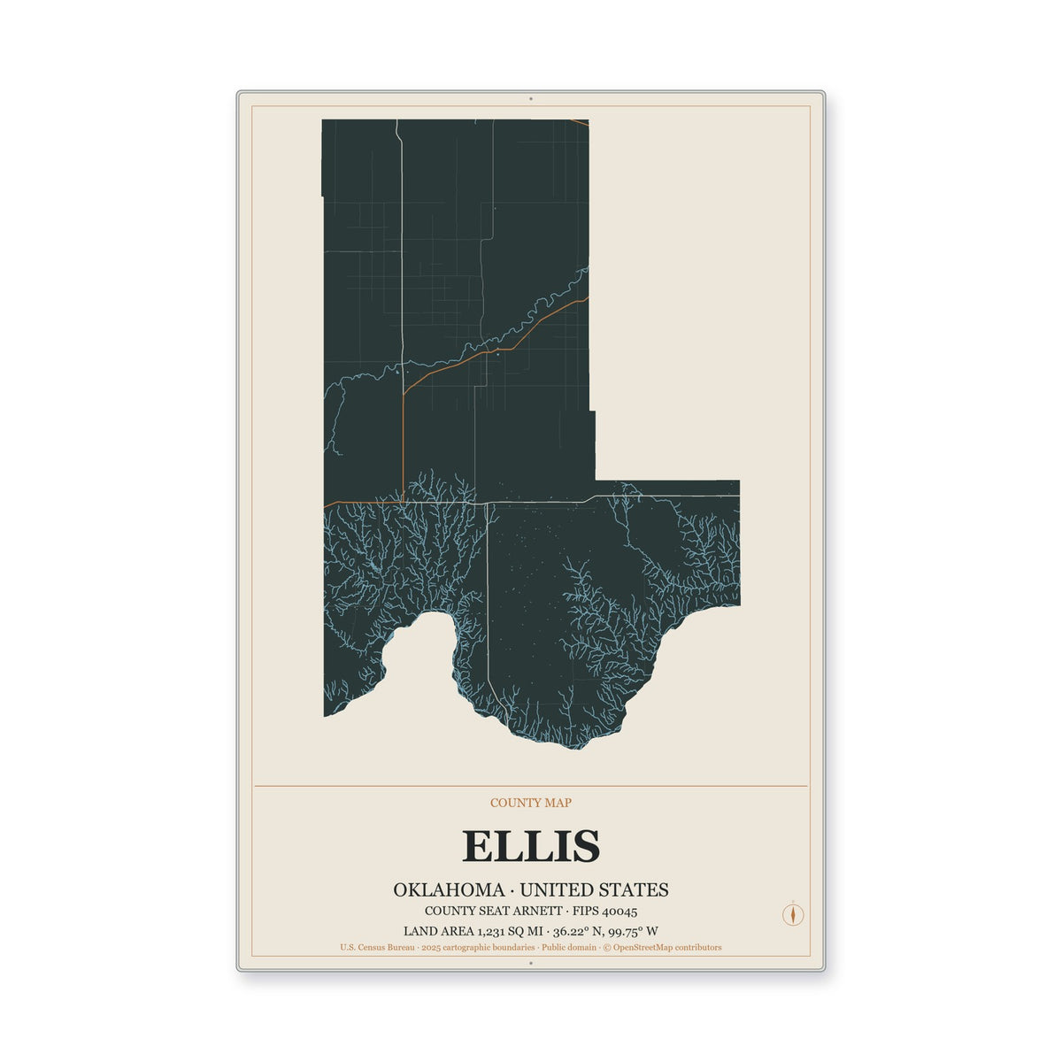 Ellis County, Oklahoma Map Aluminum Sign in Headline Atlas style