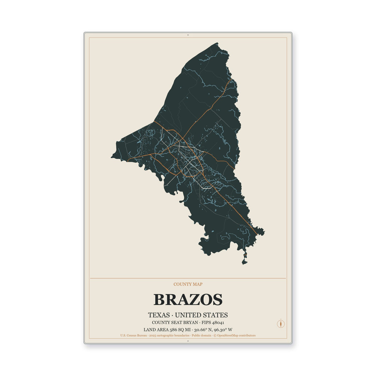 Brazos County, Texas Map Aluminum Sign in Headline Atlas style