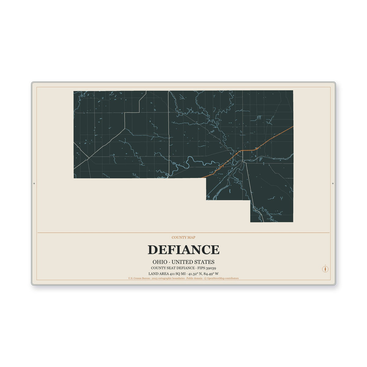 Defiance County, Ohio Map Aluminum Sign in Headline Atlas style