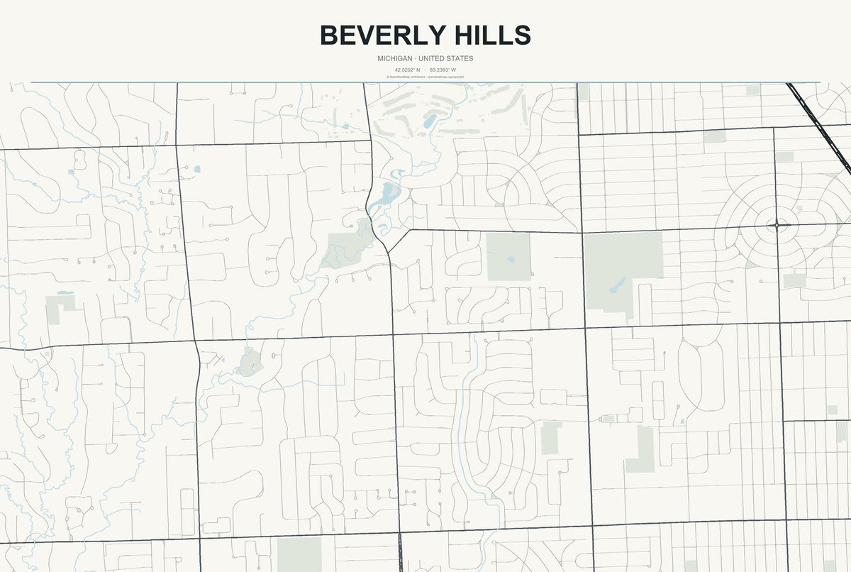 Beverly Hills, Michigan City Map Aluminum Sign in Headline Atlas style
