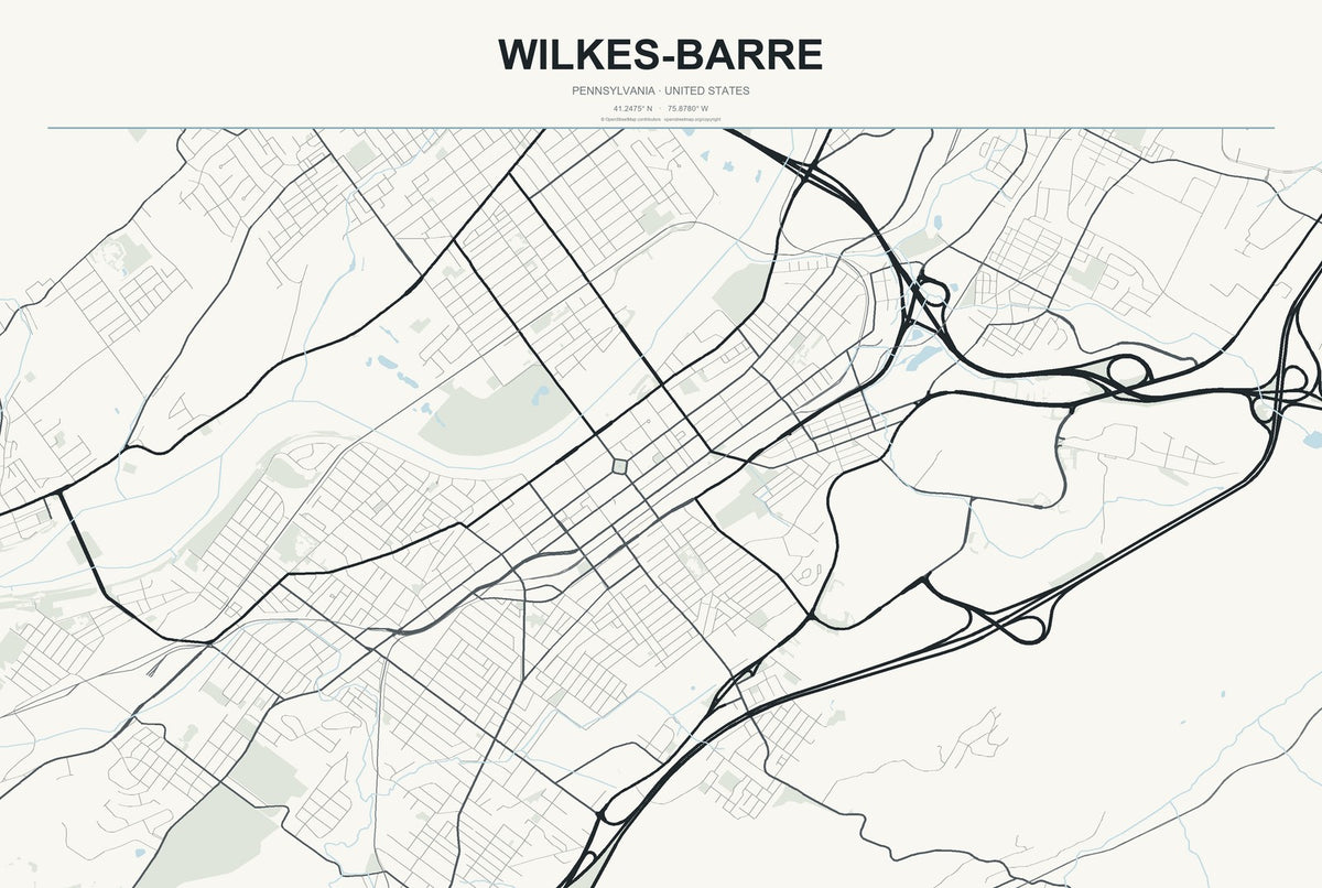 Wilkes-Barre, Pennsylvania City Map Aluminum Sign in Headline Atlas style