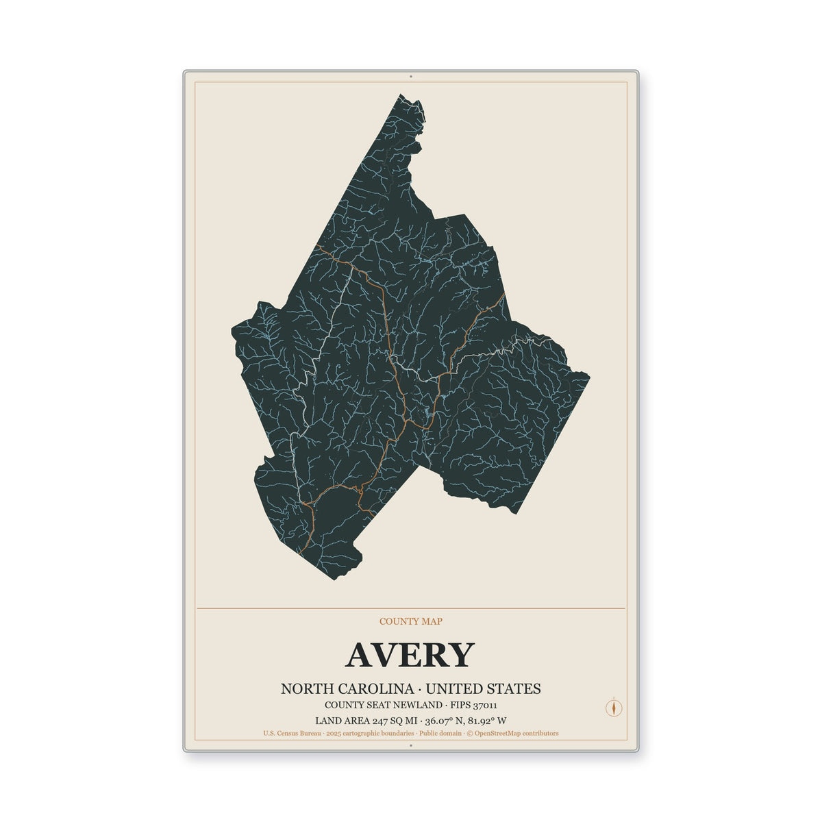 Avery County, North Carolina Map Aluminum Sign in Headline Atlas style