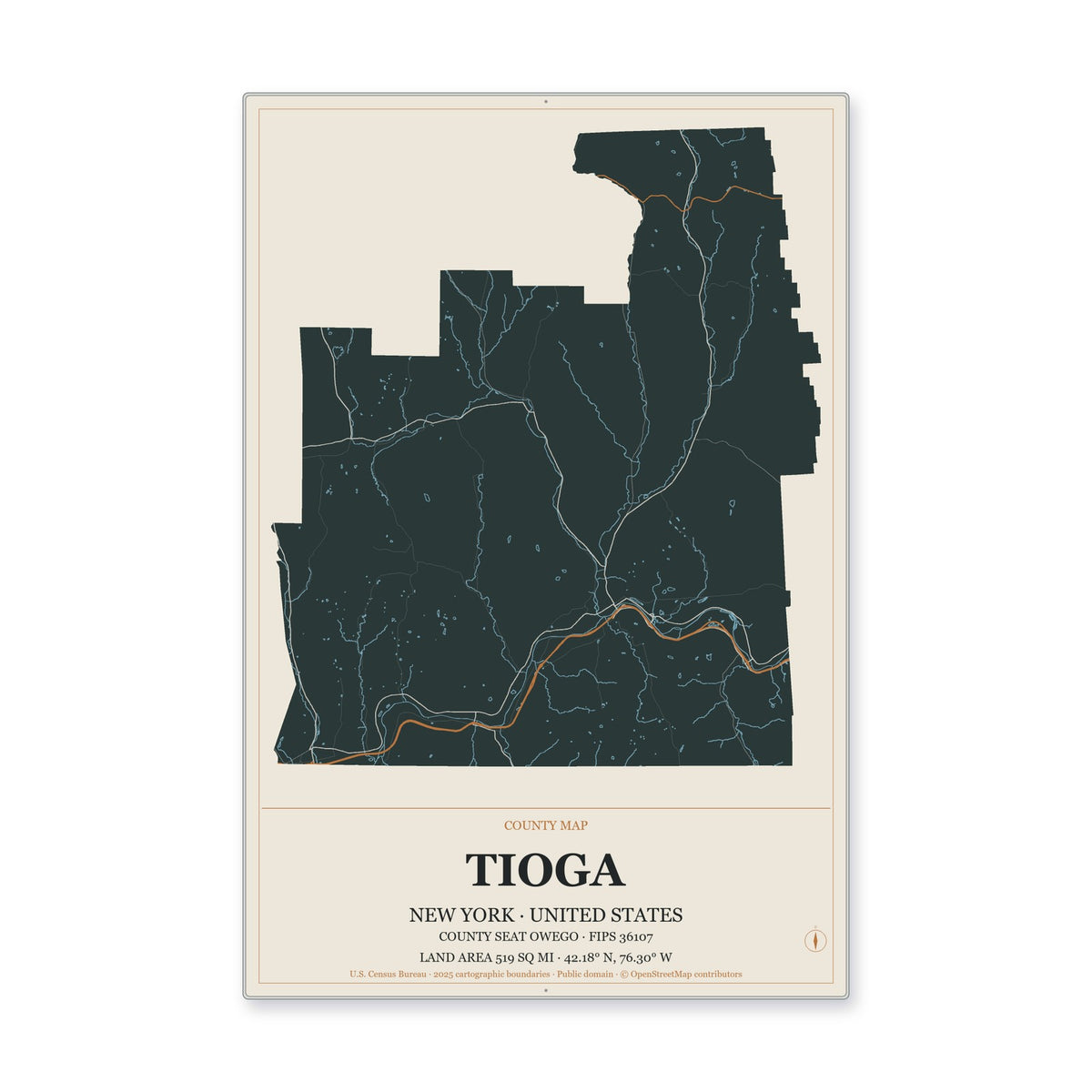 Tioga County, New York Map Aluminum Sign in Headline Atlas style