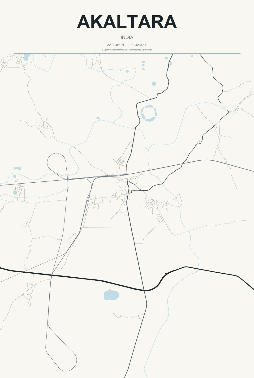 Akaltara, India City Map Aluminum Sign in Headline Atlas style