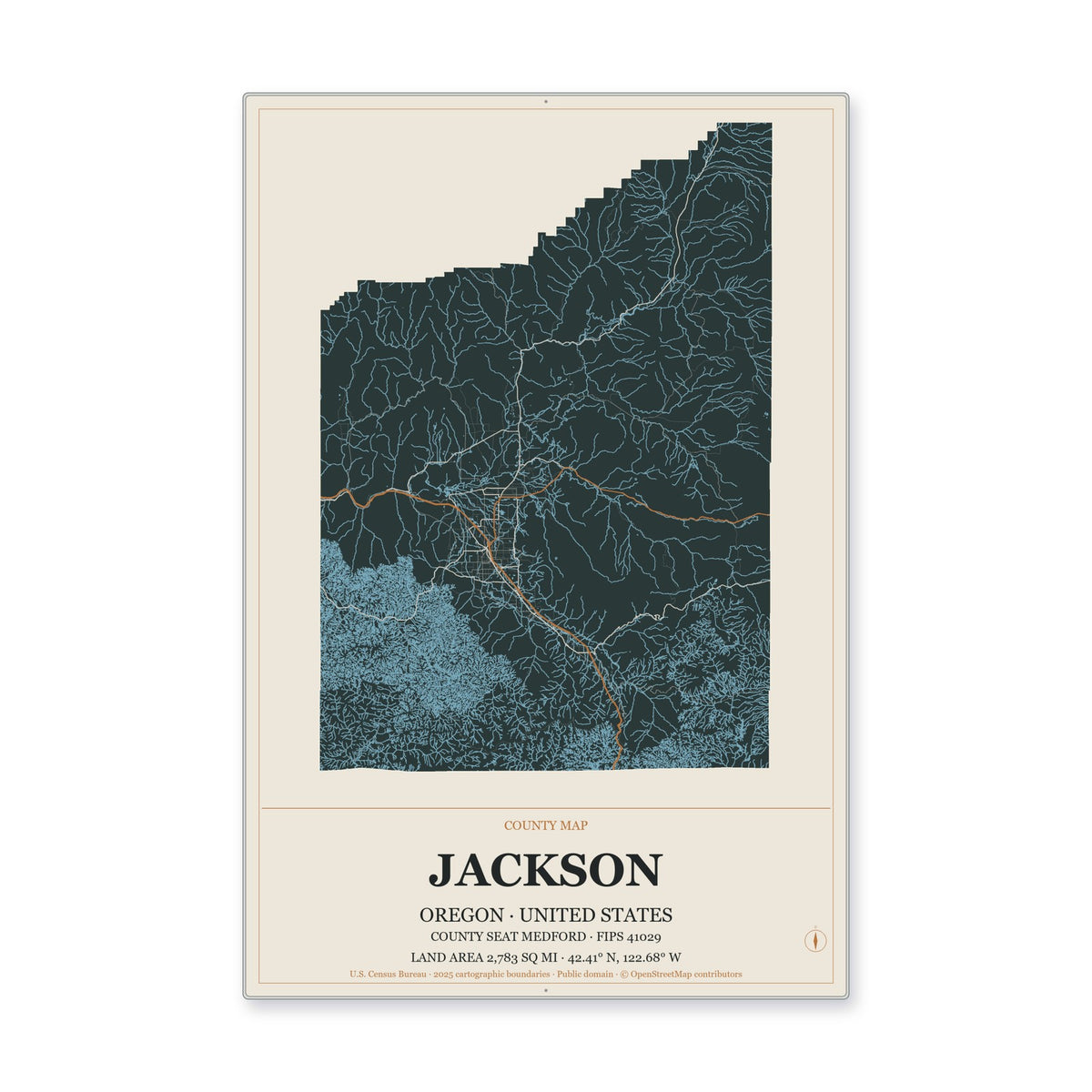 Jackson County, Oregon Map Aluminum Sign in Headline Atlas style