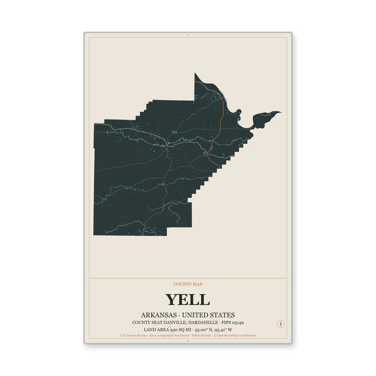 Yell County, Arkansas Map Aluminum Sign in Headline Atlas style