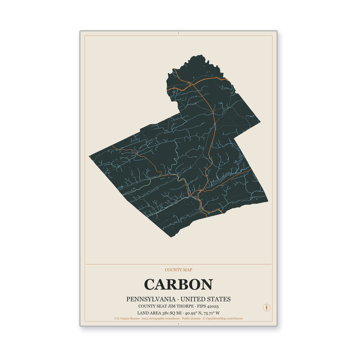 Carbon County, Pennsylvania Map Aluminum Sign in Headline Atlas style