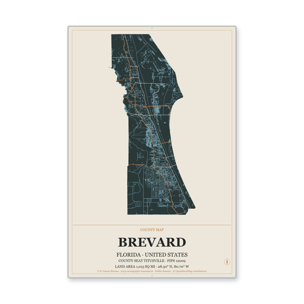 Brevard County, Florida Map Aluminum Sign in Headline Atlas style