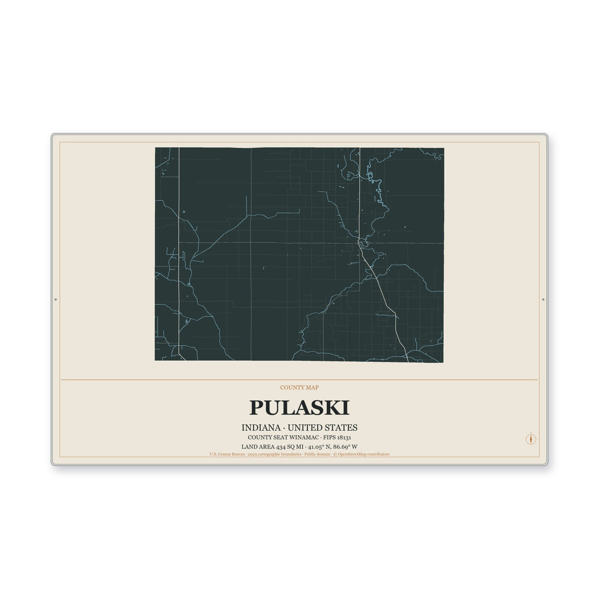 Pulaski County, Indiana Map Aluminum Sign in Headline Atlas style