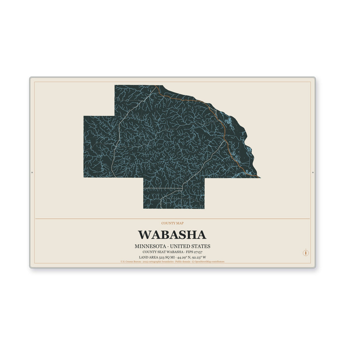 Wabasha County, Minnesota Map Aluminum Sign in Headline Atlas style