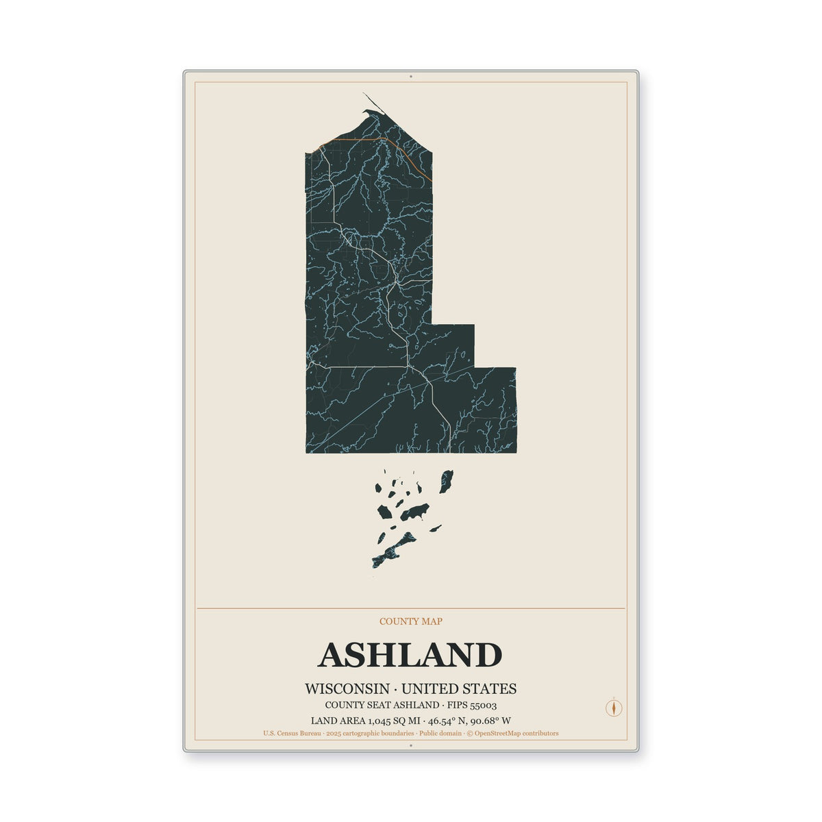 Ashland County, Wisconsin Map Aluminum Sign in Headline Atlas style