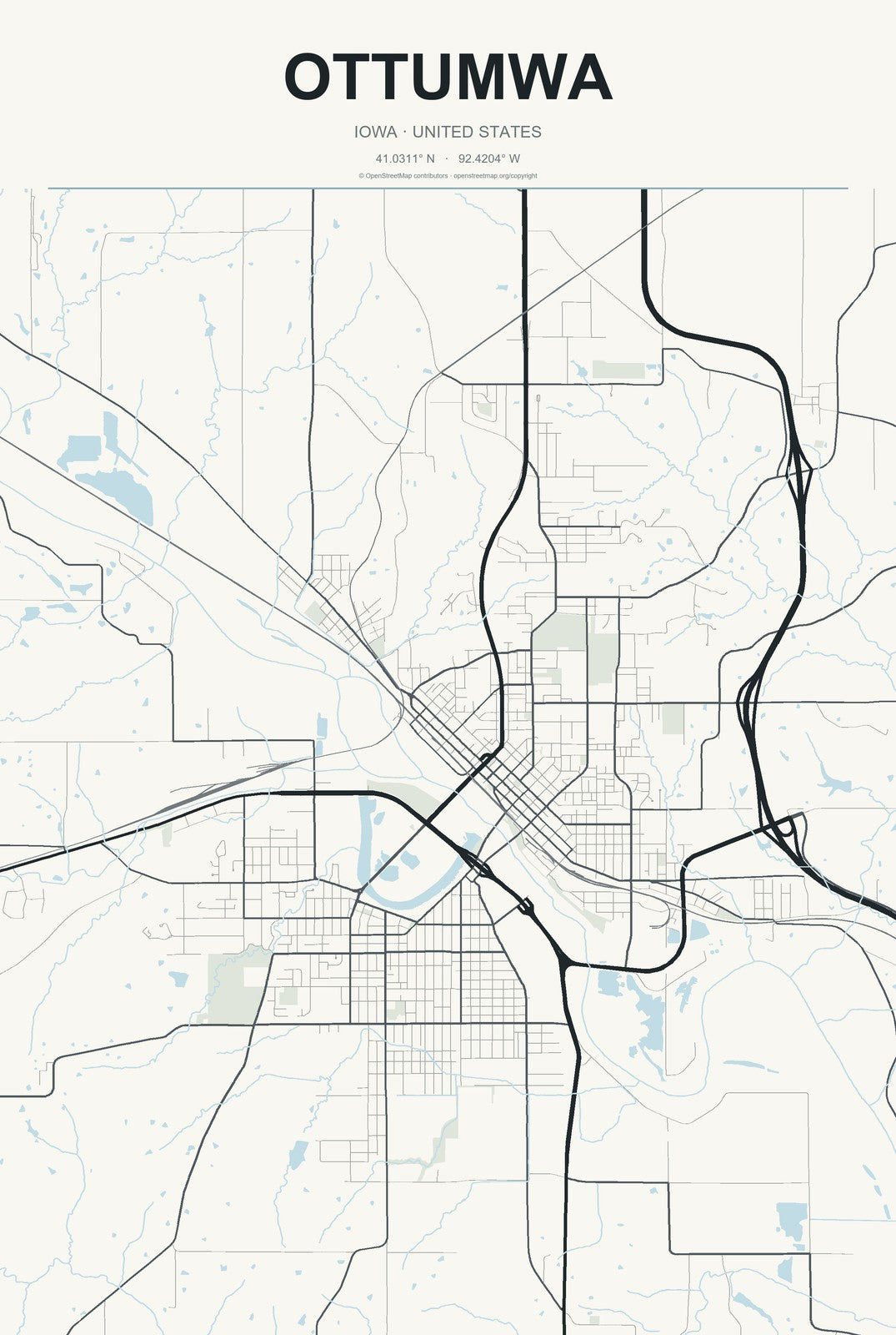 Ottumwa, Iowa City Map Aluminum Sign in Headline Atlas style