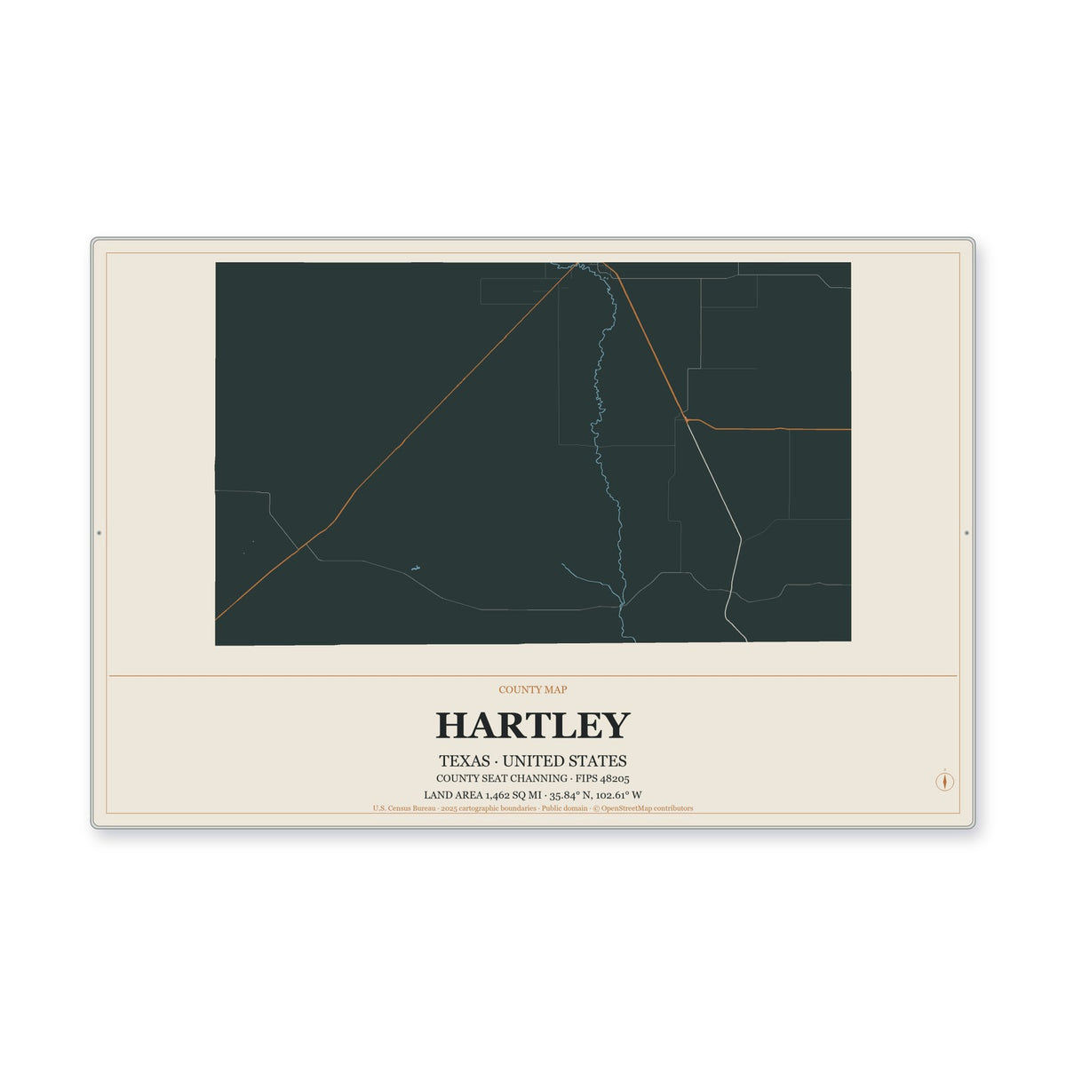 Hartley County, Texas Map Aluminum Sign in Headline Atlas style