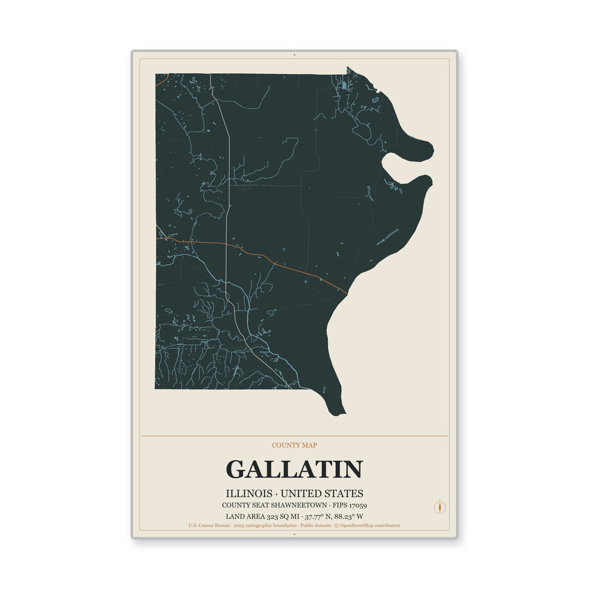 Gallatin County, Illinois Map Aluminum Sign in Headline Atlas style