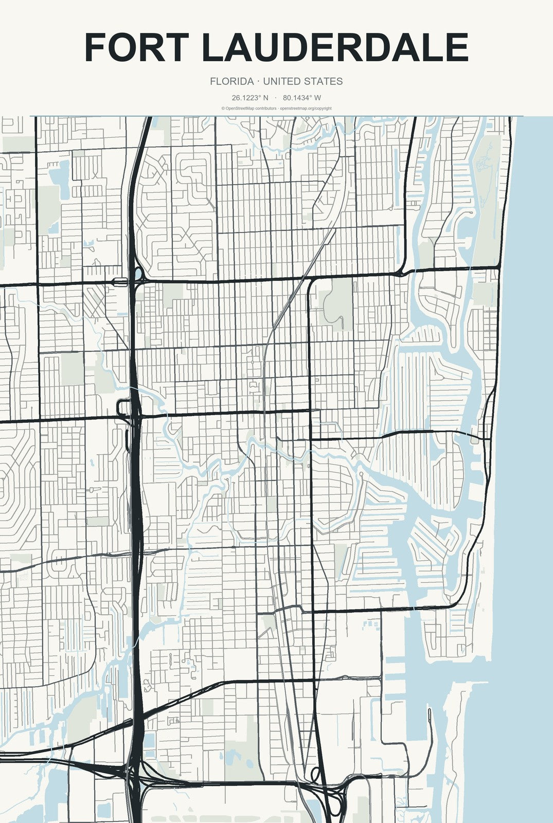 Fort Lauderdale, Florida City Map Aluminum Sign in Headline Atlas style