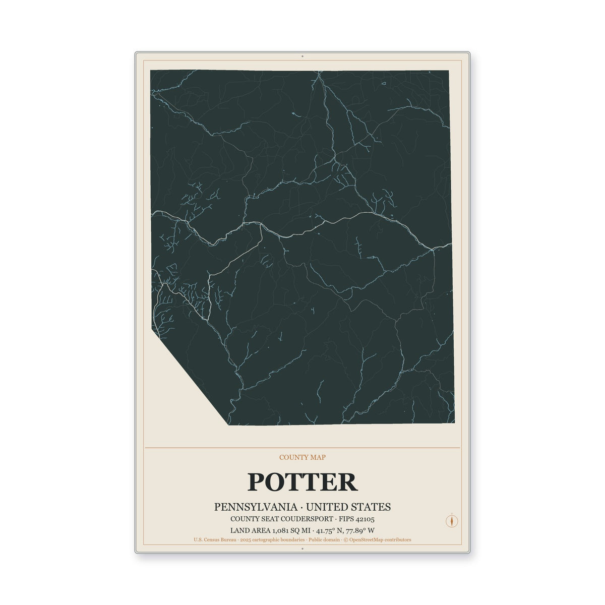 Potter County, Pennsylvania Map Aluminum Sign in Headline Atlas style