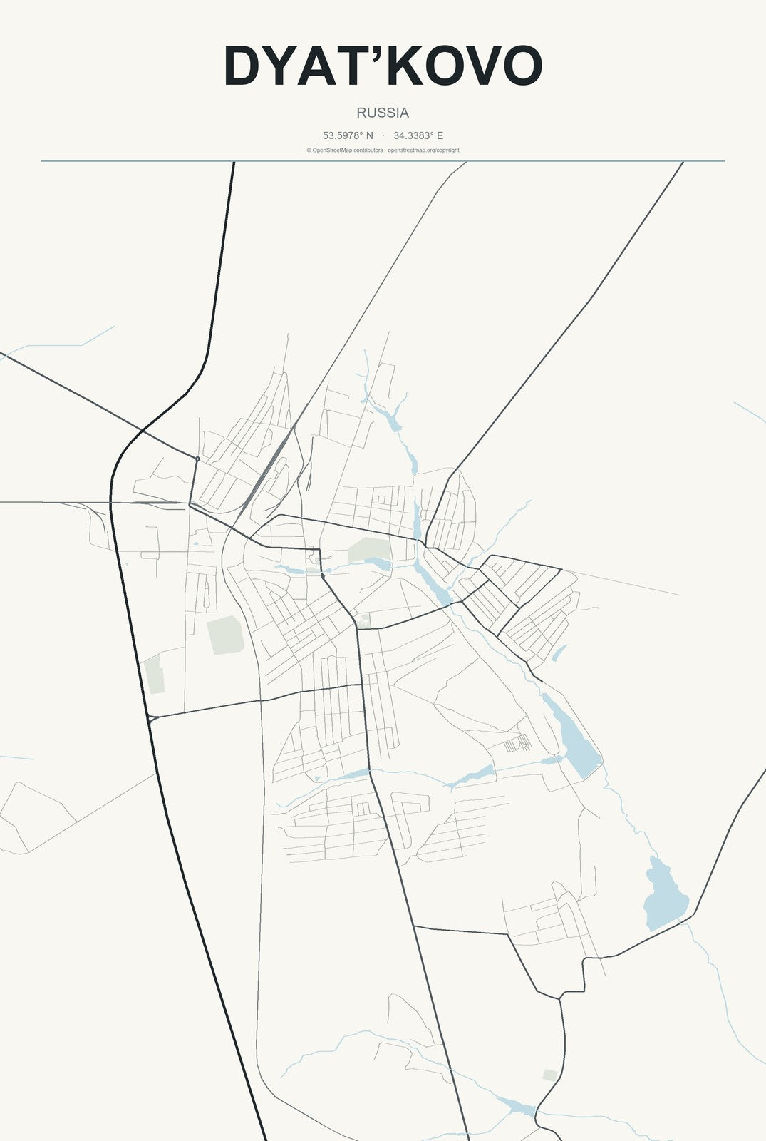 Dyat’kovo, Russia City Map Aluminum Sign in Headline Atlas style