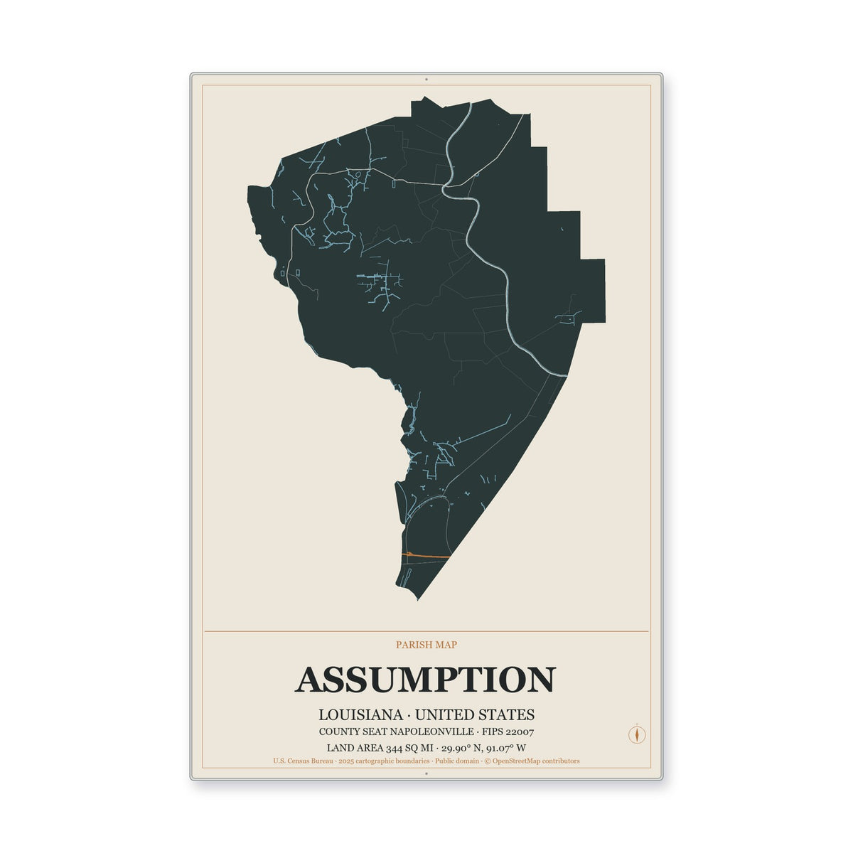 Assumption Parish, Louisiana Map Aluminum Sign in Headline Atlas style