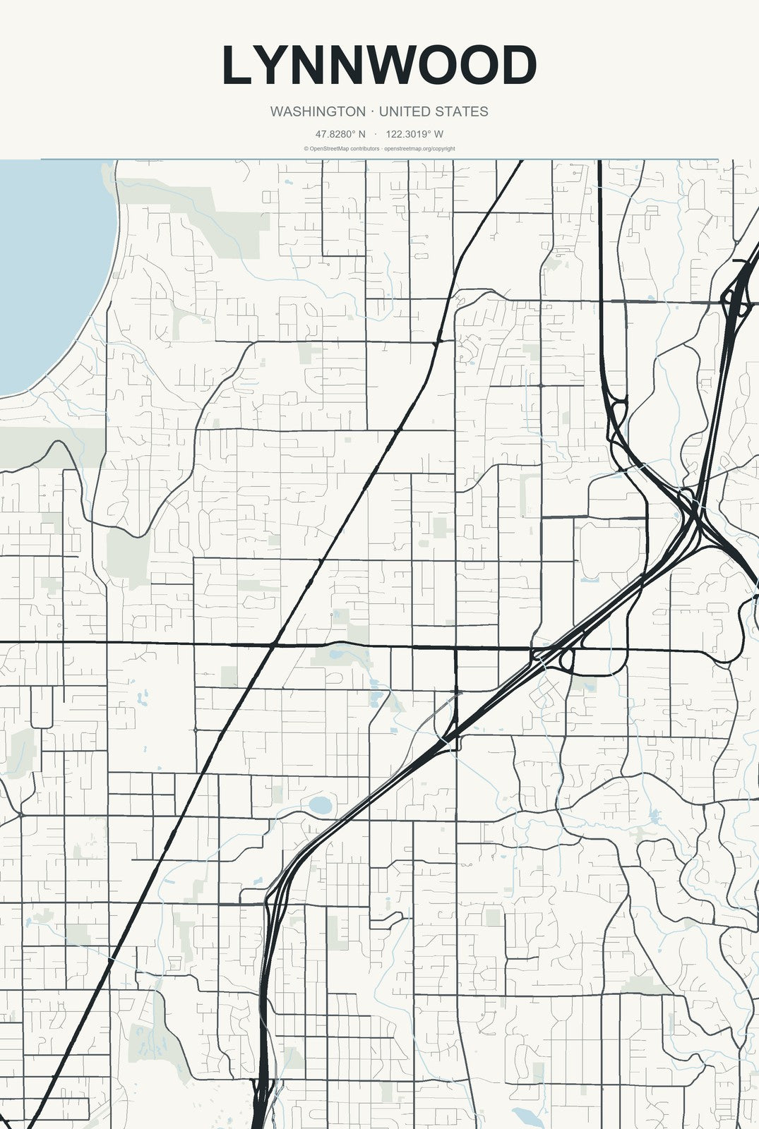 Lynnwood, Washington City Map Aluminum Sign in Headline Atlas style